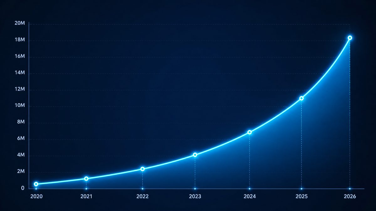 草榴社区用户增长数据图表,展示2020-2026年注册用户从50万增长至1800万的趋势